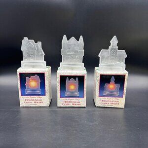 Vintage Christmas New England Village Frosted Glass Tea Light Candle Holders 80s